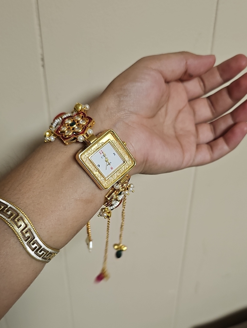 Gold-Tone Women's Bracelet Watch with Floral Kundan Accents